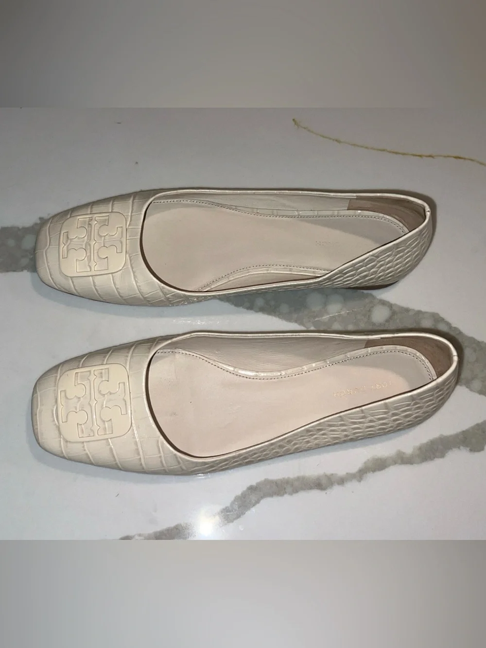 Tory Burch Cream Croc-Embossed Leather Georgia Flat